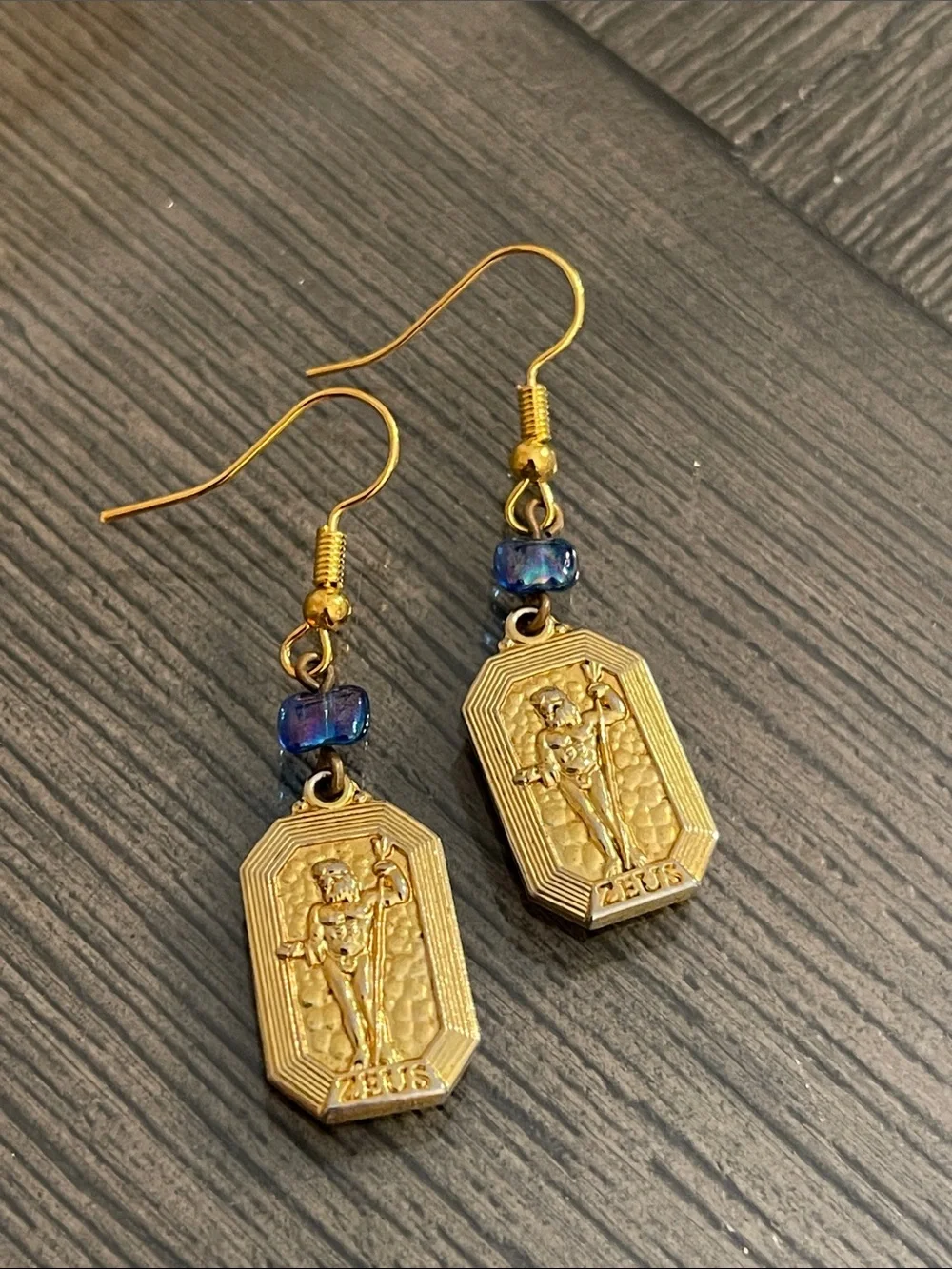 Vintage Gold-tone Rectangular Zeus Medallion Dangle Earrings
